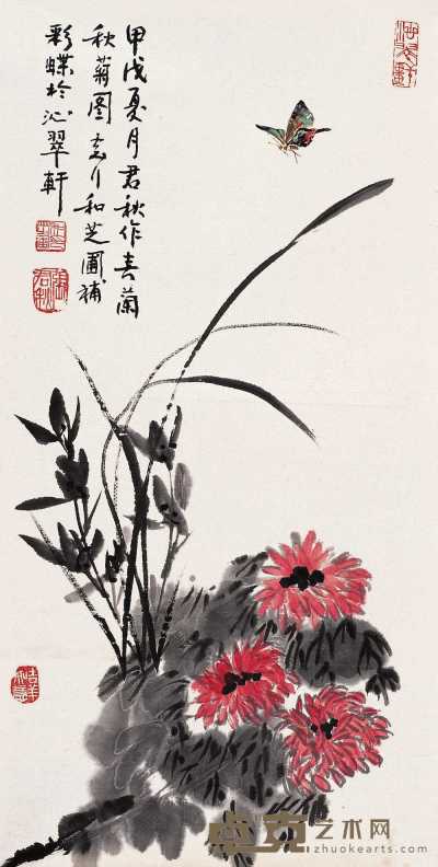 张君秋 何芝圃 甲戌（1994）年作 菊兰蝴蝶 镜心 66×33cm